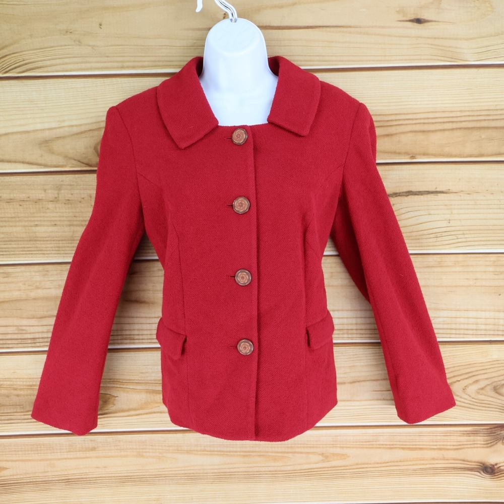 J. Jill‎ Lined Coat Womens Size 10 Red Polyester Blend Shoulder Pads Pockets